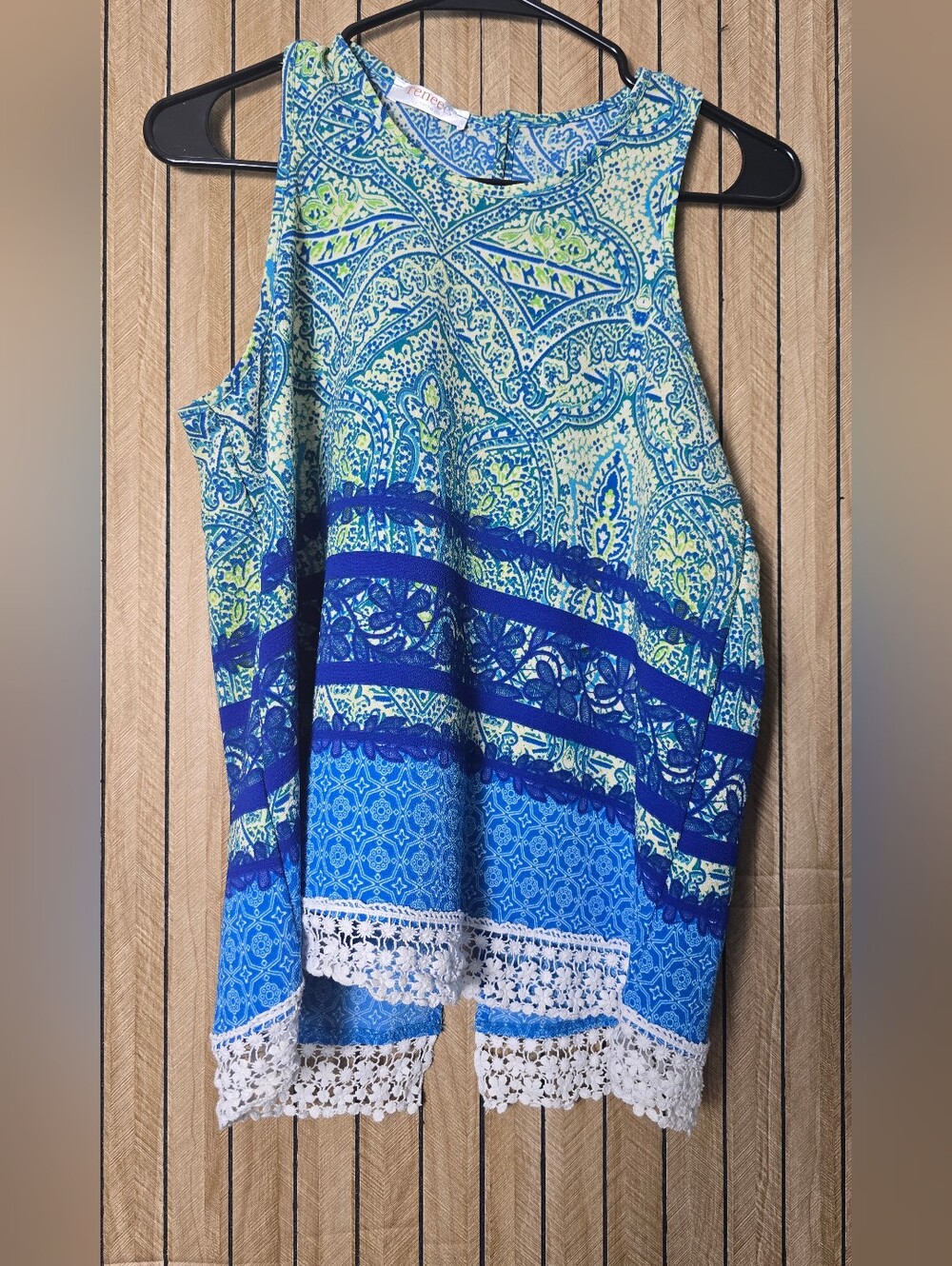 Renee C. Blue, Aqua & Lime Paisley Crochet-Hem Tank
